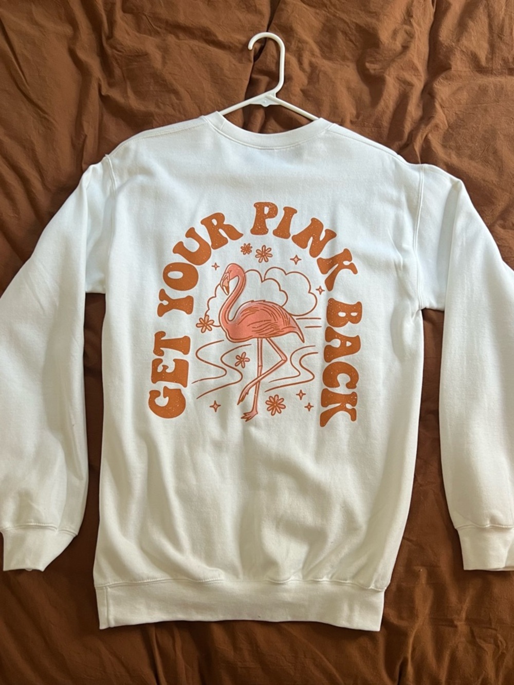 White Crewneck Sweatshirt with Pink Flamingo Graphic - Get Your Pink Back